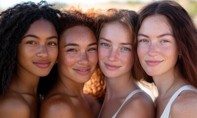 Fototapeta premium A group of women stands together, each with a soft smile that reflects empathy and the strength of their friendship.