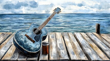 Fototapeta premium Blue Guitar on Wooden Dock by Ocean Watercolor Painting