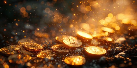 Bitcoin Coins Scattered on Black Background