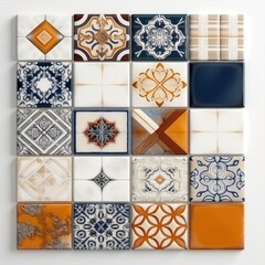 Decorative mosaic of orange, white, and blue ceramic tiles with unique patterns adding artistic flair to the wall
