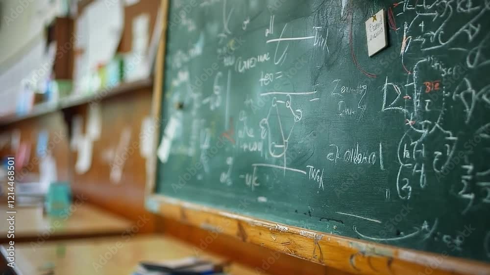 Poster this chalkboard displays various mathematical equations in a lively classroom environment.