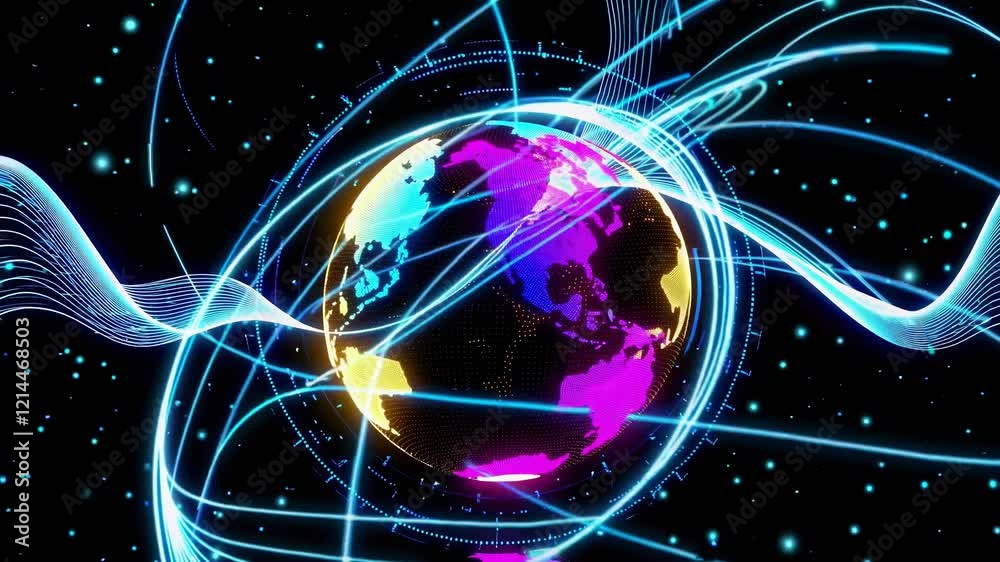 Poster vibrant digital representation of earth illuminated with pulsating light patterns and flowing lines