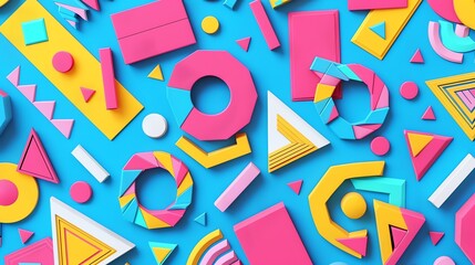 A vibrant and playful 3D rendering of a pattern with colorful geometric shapes, including circles, squares, and triangles.