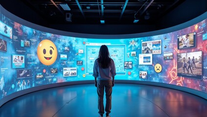 Person Observing Futuristic Data Interface with Digital Trends and Communication Symbols