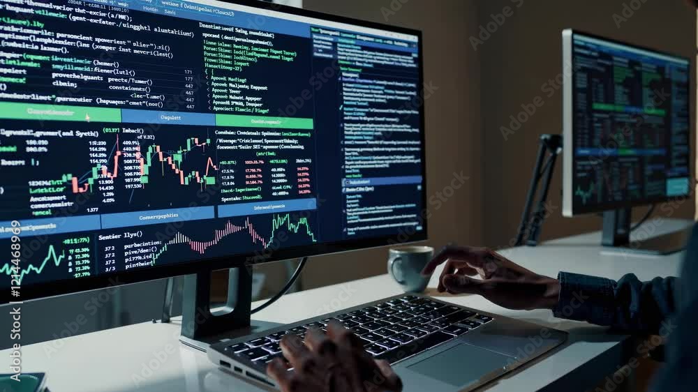 Poster data analysis and trading strategies in a modern workspace with dual monitors displaying financial c