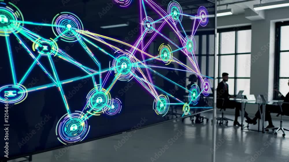 Poster exploring digital network visualization in a modern workspace with vibrant projections