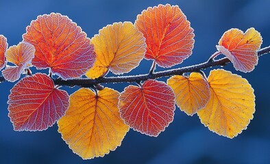Obraz premium Frost-covered autumn leaves on a branch against a blue background.
