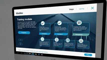 Training module walkthrough showing steps and learning objectives in tech education