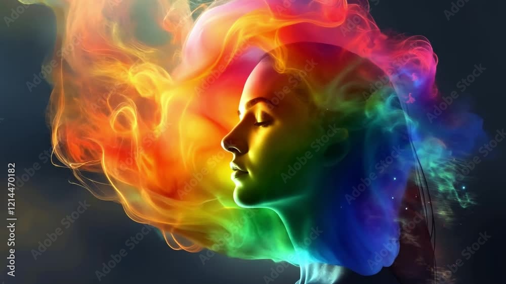 Poster a captivating display of colorful swirls and shapes emanates from a woman's head, symbolizing creati