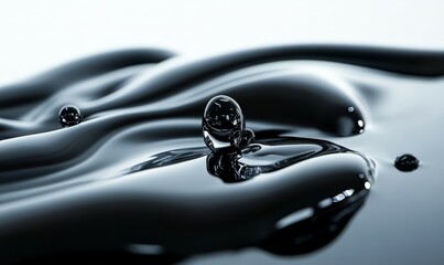 Forced perspective black liquid with reflective droplets creates abstract glossy waves