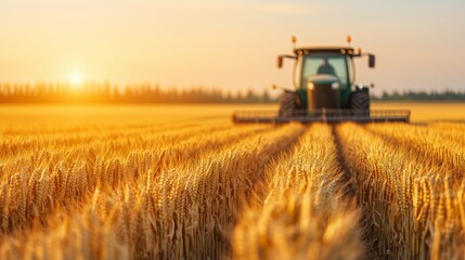 Fototapeta premium Farmers harvesting golden fields under futuristic machinery, a metaphor for ruraleconomic windfall