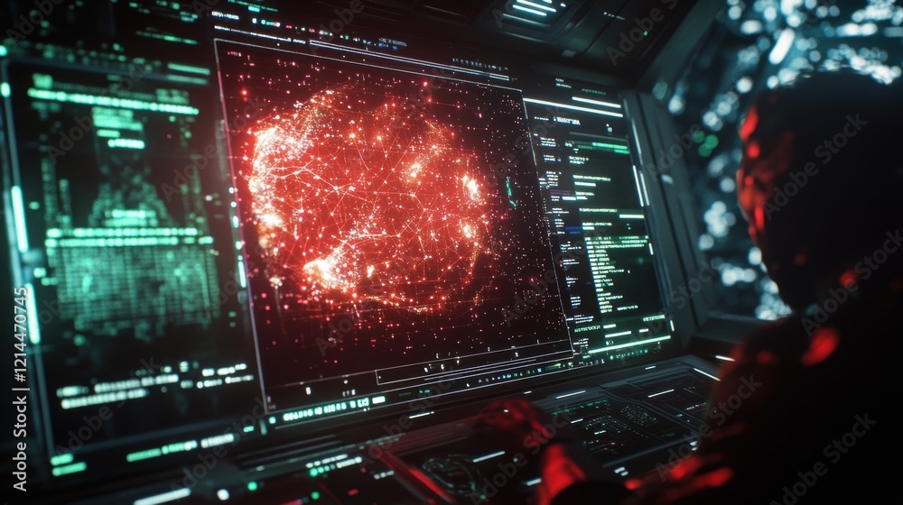 Poster cybersecurity expert is analyzing data on multiple computer screens, displaying a world map with hig