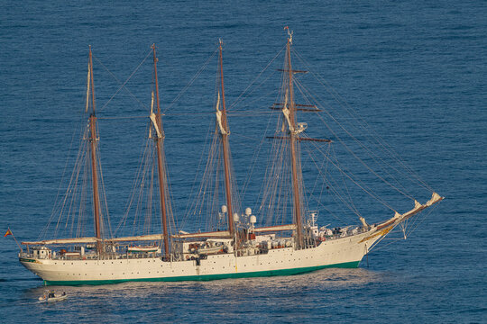 Tenerife, Spain; January 16 2025: Juan Sebasti&aacute;n de Elcano,  Spanish Navy steel hulled barquentine training ship, anchored off the coast of Tenerife, in the evening light