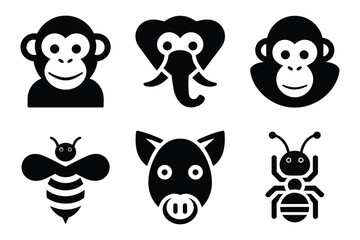 Fototapeta premium Minimalist animal icons set of 6 EPS vector illustrations, black and white wildlife head silhouettes including monkey elephant bee pig and ant, simple geometric zoo animal face symbols pack.