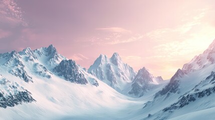 A landscape of snow-covered mountains under a pastel-colored sky, evoking a sense of ethereal beauty."