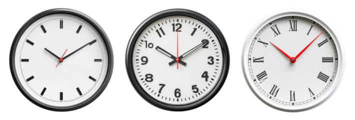 Three Distinct Wall Clocks Isolated on Transparent Background