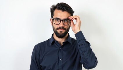 Portrait of a Confident Man Wearing Eyeglasses Adjusting Frames with Serious Expression
