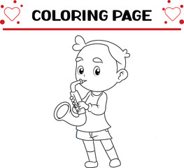 little boy is playing blowing saxophone coloring page for kids