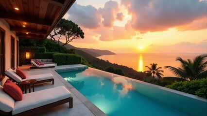 Fototapeta premium Stunning sunset view over a tranquil pool with palm trees and ocean horizon