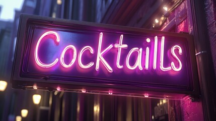 A neon "Cocktails" sign glowing in bold pink and purple, framed by warm LED strips, perfect for a nightlife advertisement.