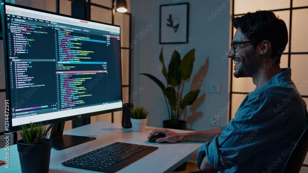 Poster Programmer working late at night on coding project with dual monitor setup at home
