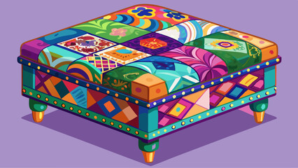 Eclectic patchwork ottoman in vibrant colors on light purple background