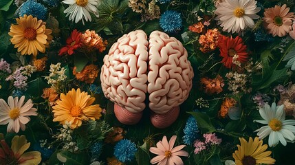 Top view of a human brain surrounded by vibrant spring flowers, symbolizing mental health, growth, and renewal in a colorful, calming design.
