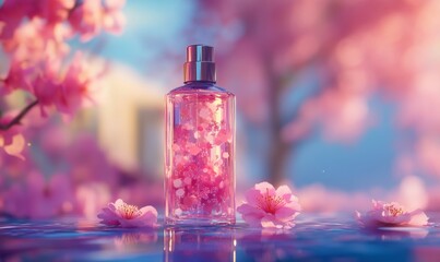 Forced perspective image of bottle of perfume with blurred pink flower in background
