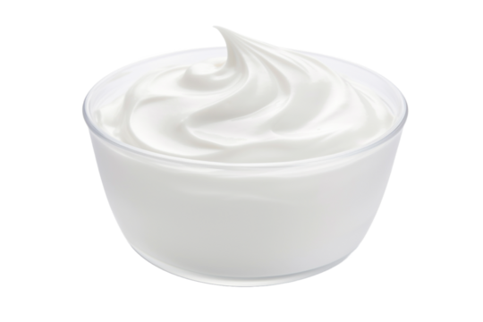 Sour cream or yogurt in white bowl isolated on transparent background PNG.

