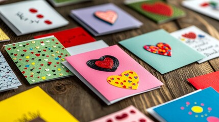 Colorful Handmade Valentine s Day Cards with Heart Designs on Wooden Table