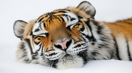 Fototapeta premium Close-up portrait of an Amur tiger lying on a plain white background.