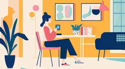 A businesswoman conducting a video call in a minimalist coworking space