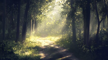 Obraz premium Sunlit Forest Path Magical Woodland Trail Mystical Nature Scene