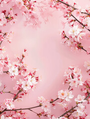 Fototapeta premium Soft pink background with central blank space, edged by gently curving branches cherry blossoms