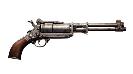 Studio shot of an antique revolver pistol showcasing its intricate design and wooden grip