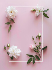 Pastel pink backdrop pristine white minimalist frame center, adorned soft pink peonies, flat lay