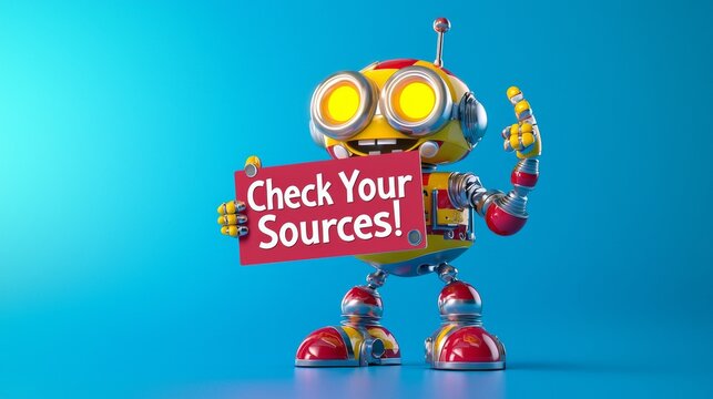 Friendly Robot Holding Sign Check Your Sources Digital Illustration Fact Checking Concept