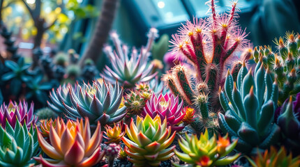Obraz premium Bright, vibrant image of succulents and cacti in a mystic, enchanting environment. Gentle color contrasts, dreamlike atmosphere