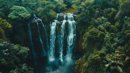 An aerial view of a large waterfall cascading down a lush, green cliff in a tropical forest.