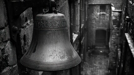 Fototapeta premium Weathered Bell in a Shadowy Alleyway: A Monochromatic Study of Urban Decay