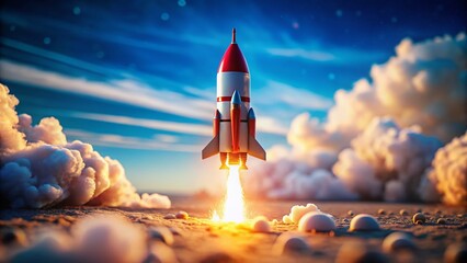 Fototapeta premium Miniature Red and White Rocket Launching, Tilt-Shift Photography