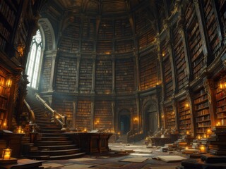 Obraz premium Majestic Ancient Library with Grand Staircase and Candlelit Ambiance