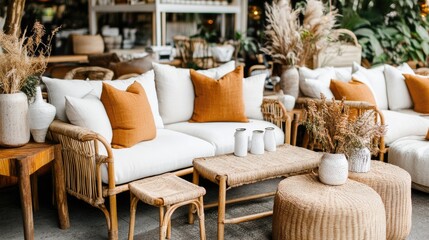 Rattan furniture patio display, outdoor setting, boho decor, store background