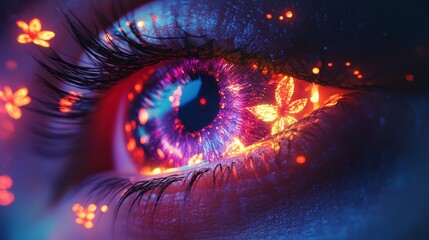 A glowing digital flower pattern in a human eye, symbolizing the future of technology and vision. Perfect for tech innovation, cyberpunk themes, and artistic futuristic visuals.