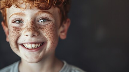 A close up of a freckled boy with curly red hair smiling.