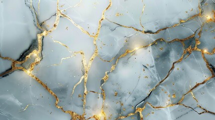 A close up of a white marble texture with gray and gold veining.