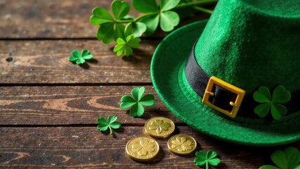 Flat lay of St. Patrick's Day decorations: clovers, gold coins, Leprechaun hat on wooden texture