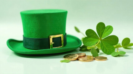 Clover, green coins, and Leprechaun hat placed on a white surface.