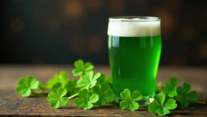 Glass pint of green beer surrounded by small clovers on a wooden table.