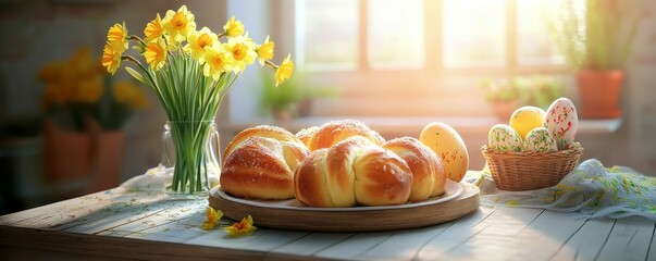 Traditional Easter breakfast with freshly baked sweet rolls, decorated eggs, and a bouquet of daffodils on a cozy kitchen table